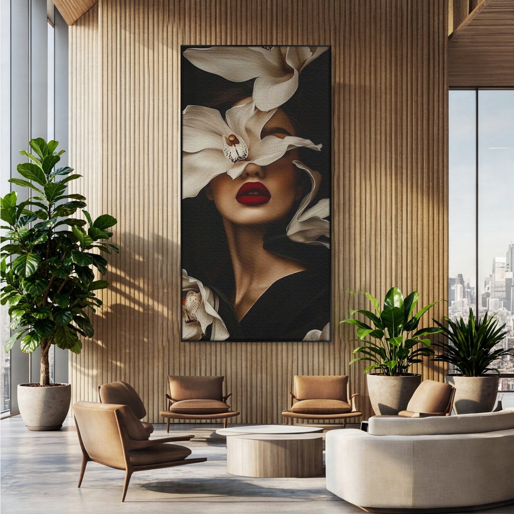 Tablou canvas cu tablou canvas cu femeie si orhidee, in rama de aluminiu negru, pe perete intr-un birou